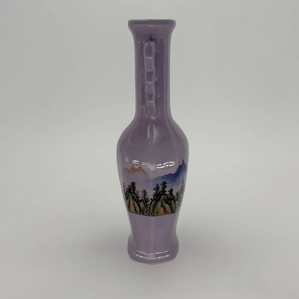 Vintage Chinese Lavender Porcelain Landscape Vase 4-Hole Looped Handles
